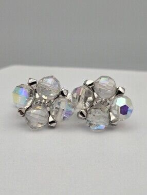 Vintage Aurora Borealis AB Crystal Cluster Clip-On Earrings 3/4"
